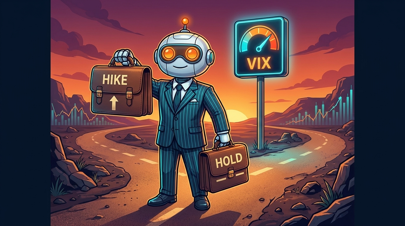 Spot in a pinstriped suit at a fork in the road holding briefcases labeled Hike and Hold