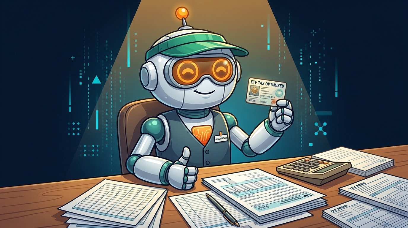 Spot as a green-visor accountant holding up a tax-optimized ETF card at a wooden desk