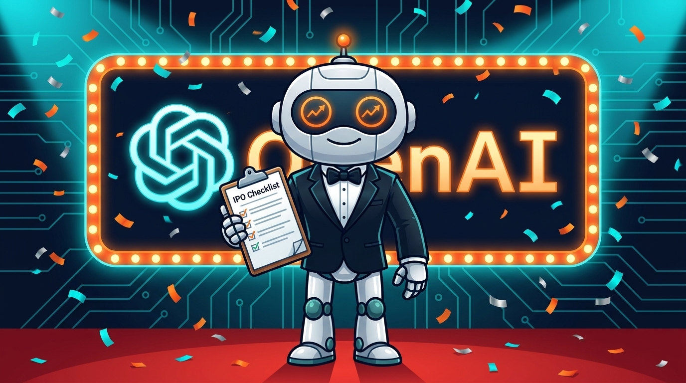 Spot in a tuxedo checking off an IPO prep list outside an OpenAI marquee