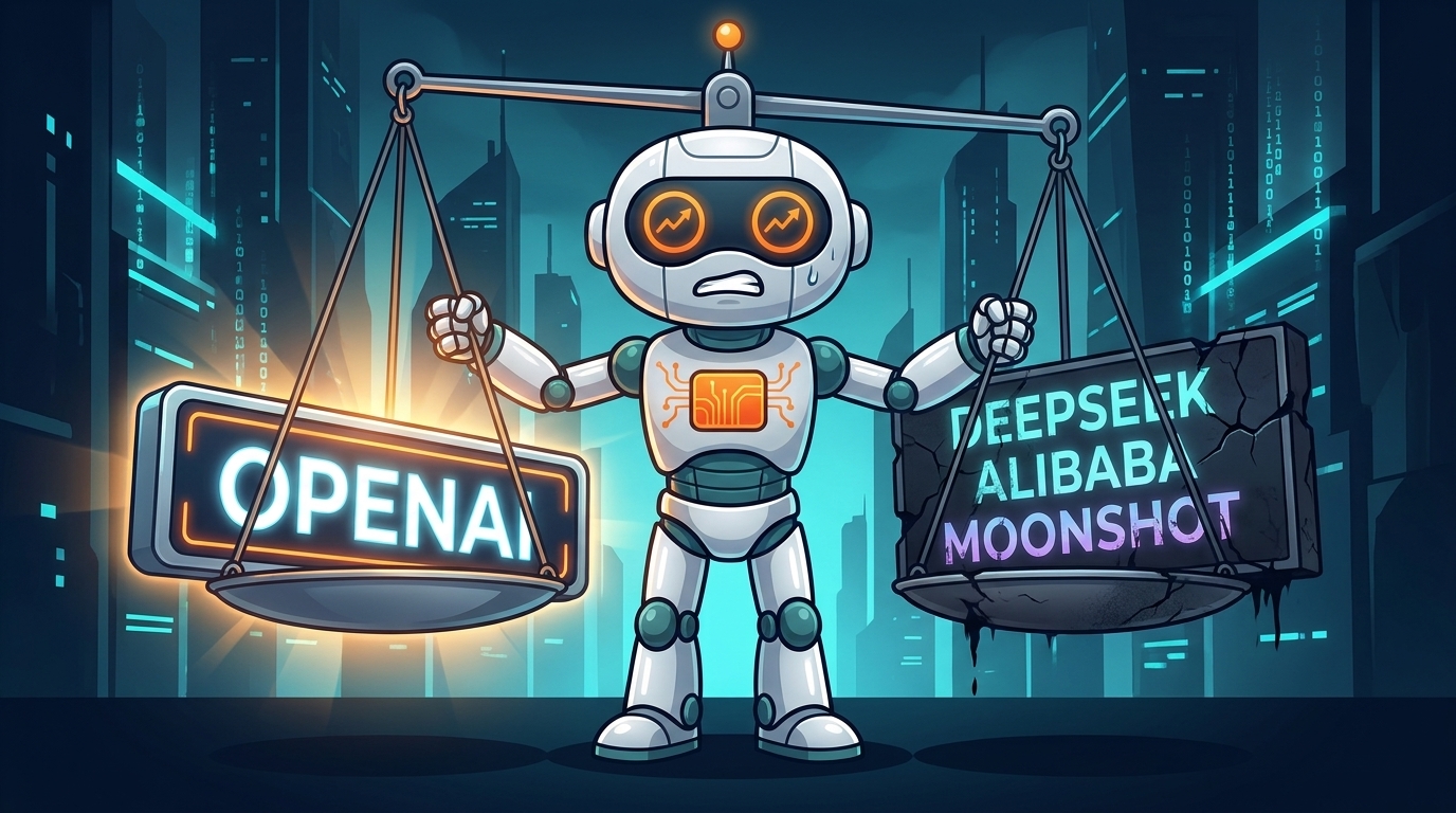Spot weighing OpenAI dominance against rising Chinese AI competition on a dramatic split screen