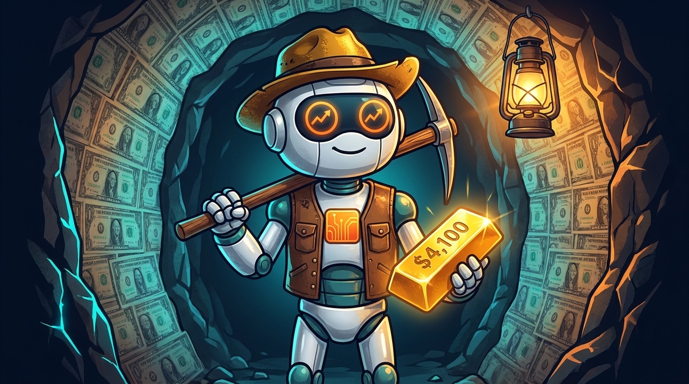 Spot as a gold prospector holding a $4,100 gold bar in a dollar-bill mine tunnel
