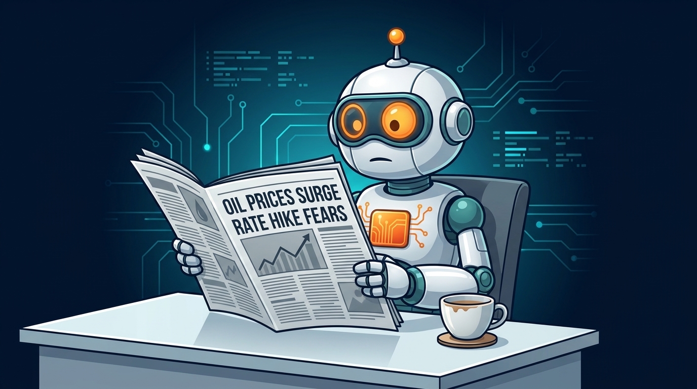 Spot at a desk reading worrying headlines with a cautious expression