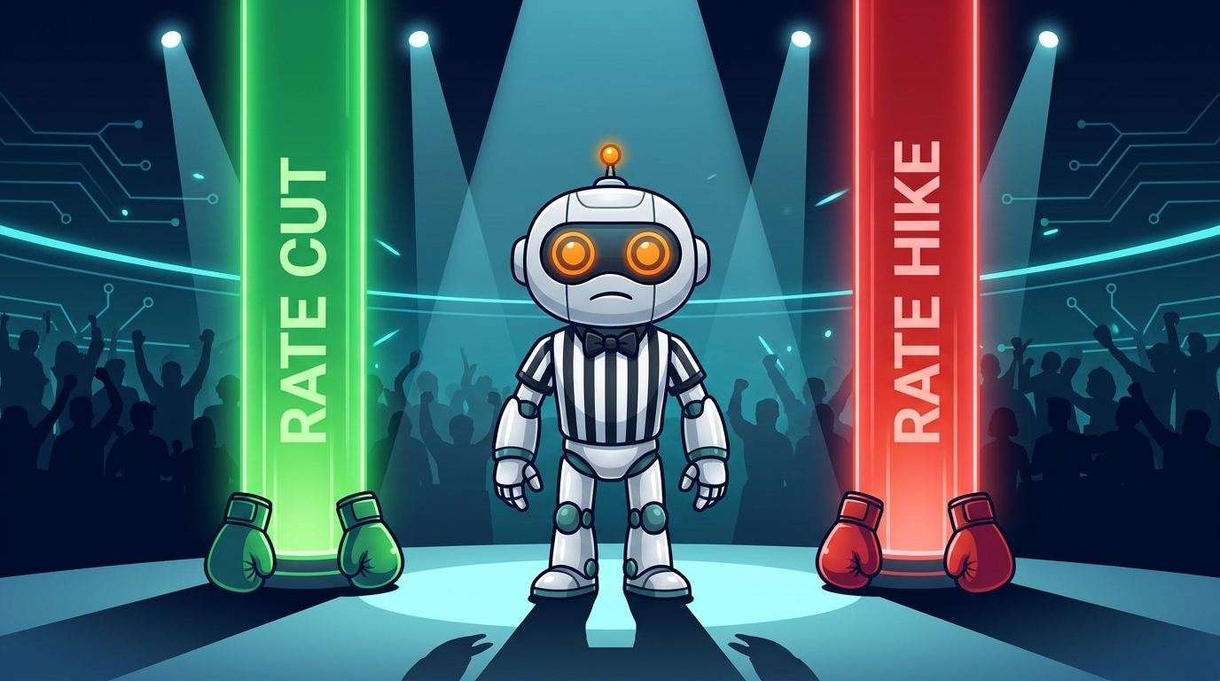 Spot the referee standing between a rate cut pillar and a rate hike pillar in a boxing arena