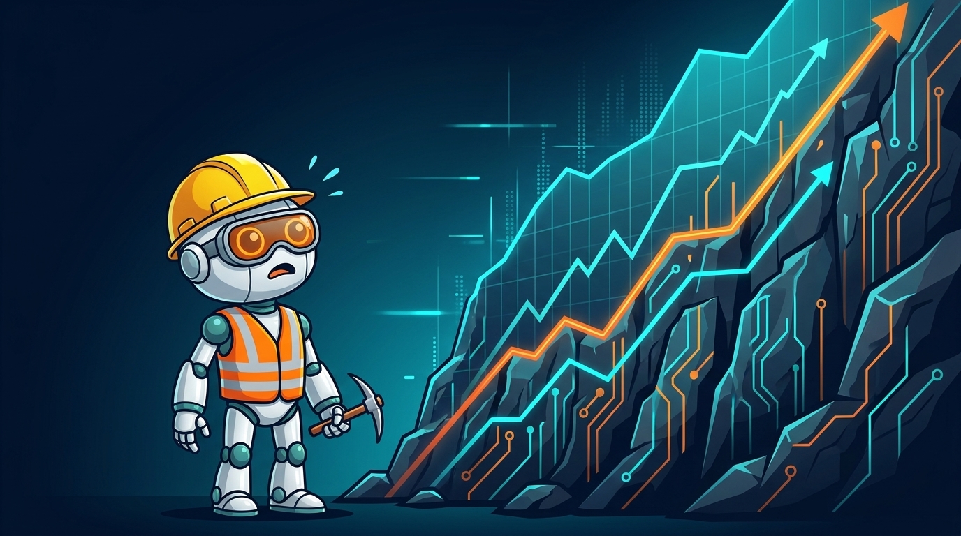 Spot in a hard hat staring up at a rising Treasury yield chart like a cliff