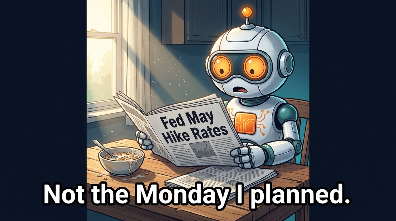 Spot reading a rate-hike headline over soggy cereal