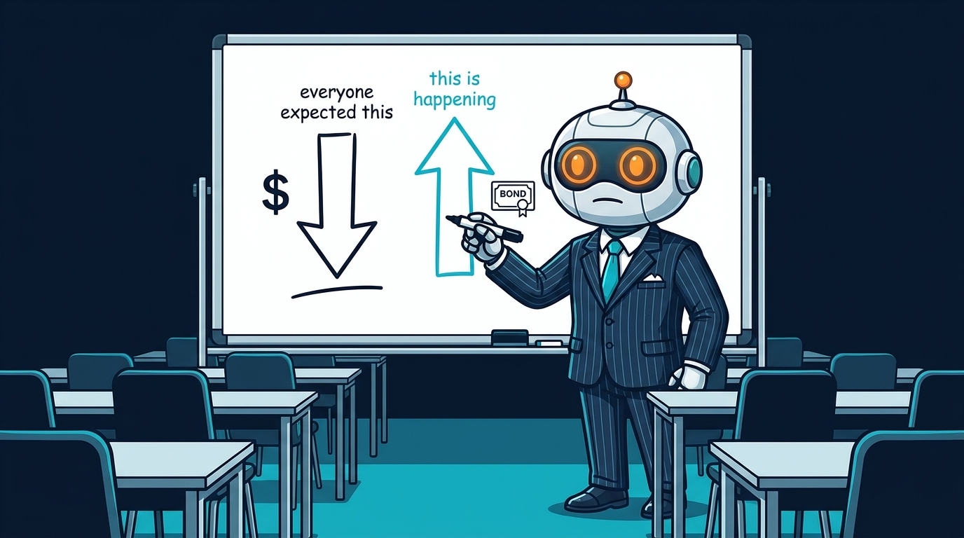 Spot in a pinstriped suit drawing rate direction arrows on a whiteboard