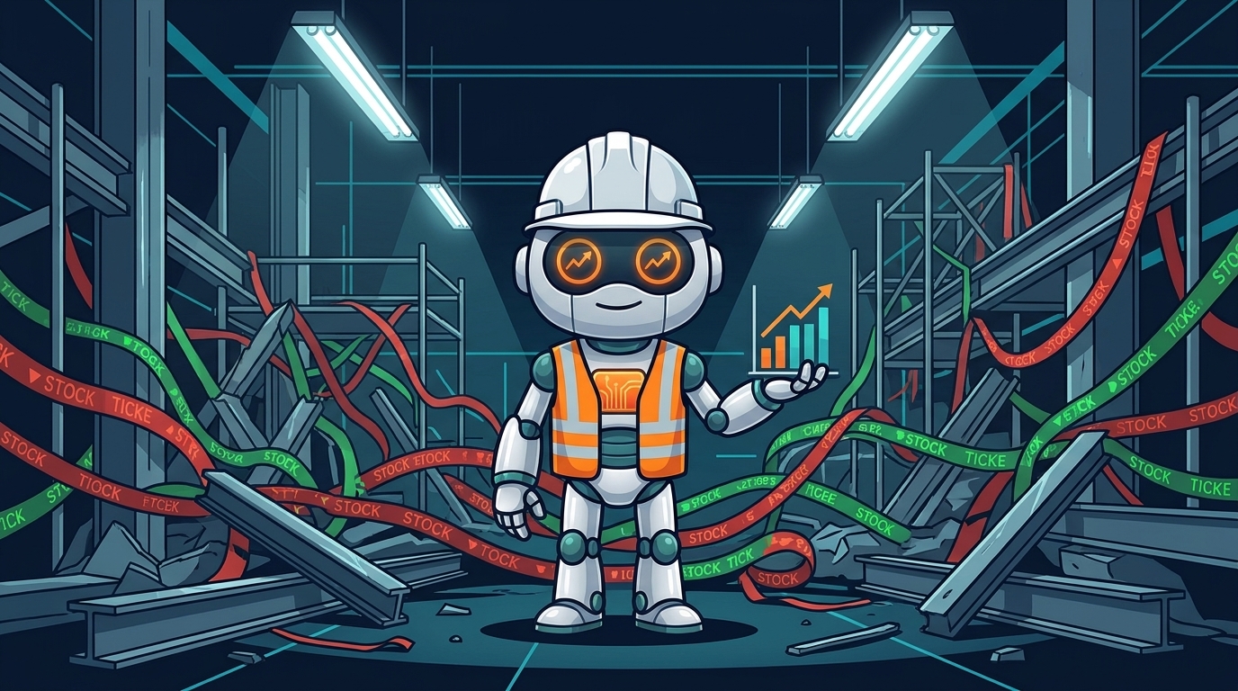 Spot in a hard hat holding a steady income chart amid market chaos