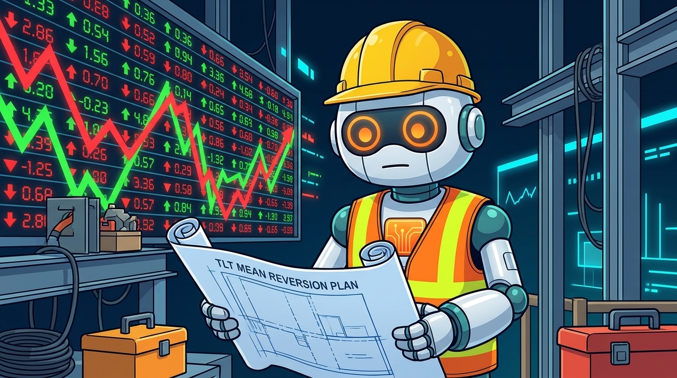 Spot in a hard hat calmly reading a TLT strategy blueprint while markets go haywire