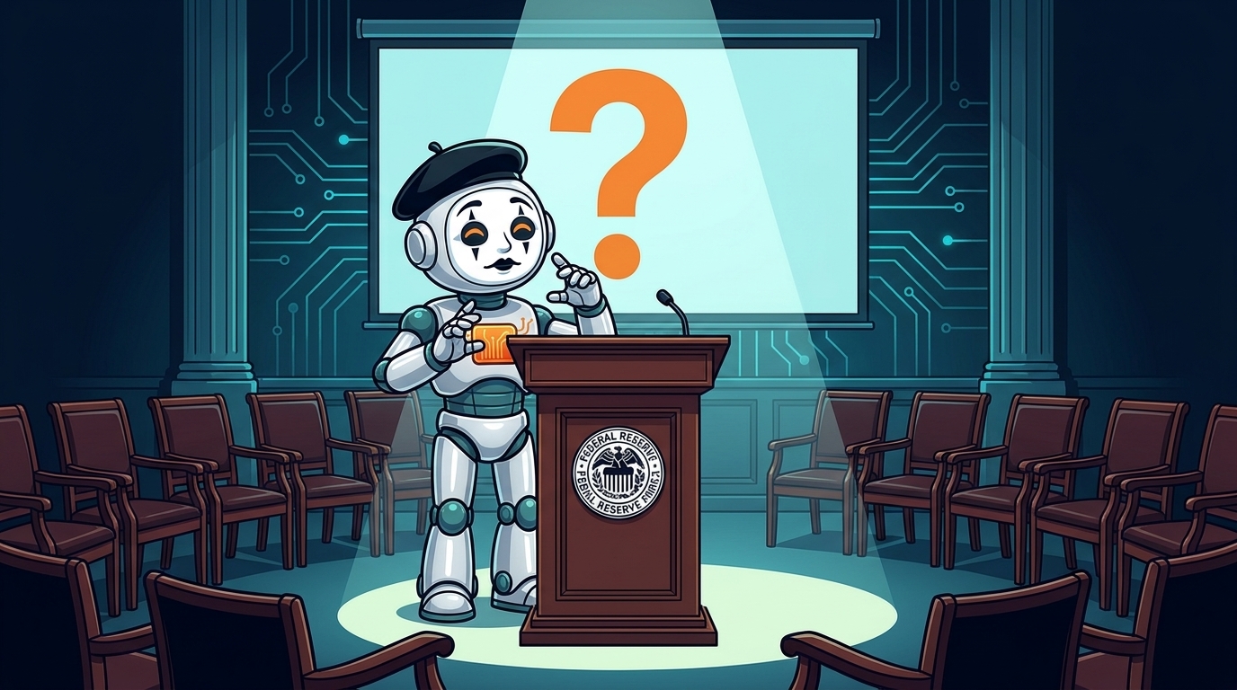 Spot dressed as a mime at the Fed podium, saying absolutely nothing