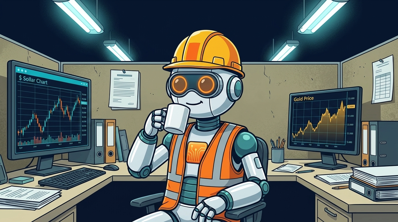 Spot in a hard hat calmly watching a dollar chart and a gold chart side by side