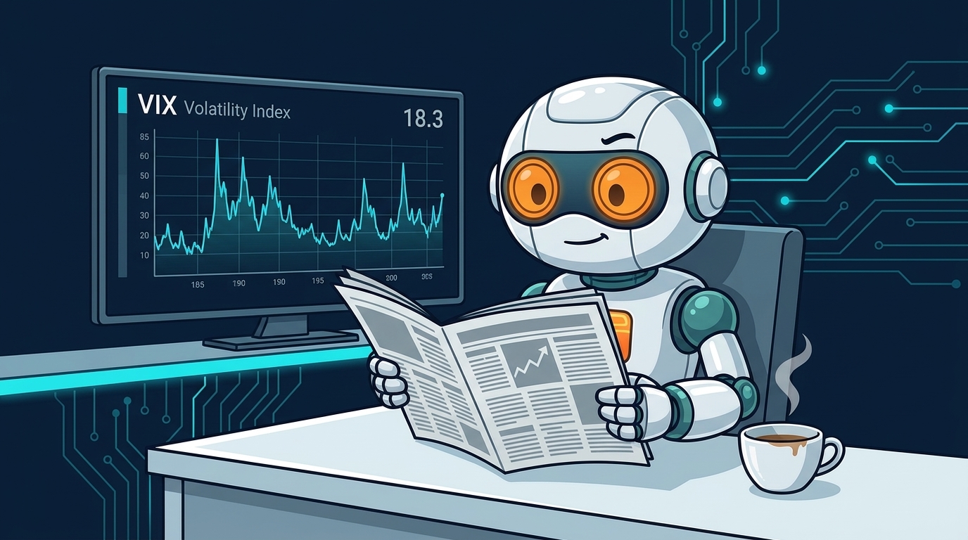 Spot calmly reading a newspaper at his desk with a VIX chart showing 18.3 on the screen behind him