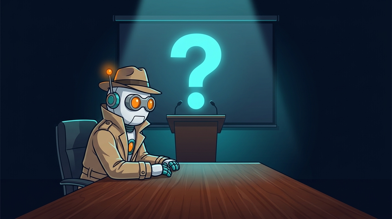 Spot as a detective staring at an empty Fed podium with a question mark on the screen