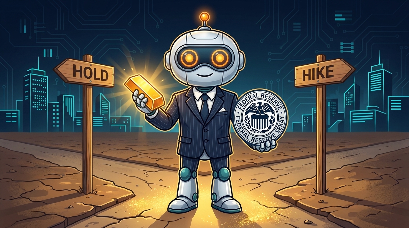 Spot in a banker suit holding a gold bar at a Fed-decision crossroads