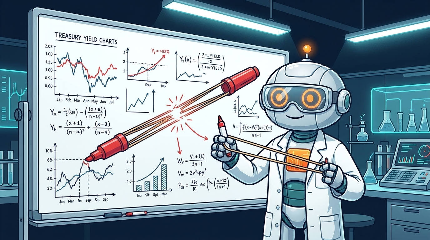 Spot in a lab coat studies a giant Treasury yield chart with a stretched rubber band drawn on it