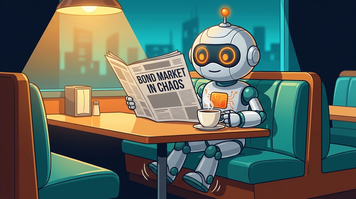 Spot sits calmly at a diner reading about bond market chaos, one leg bouncing nervously under the table