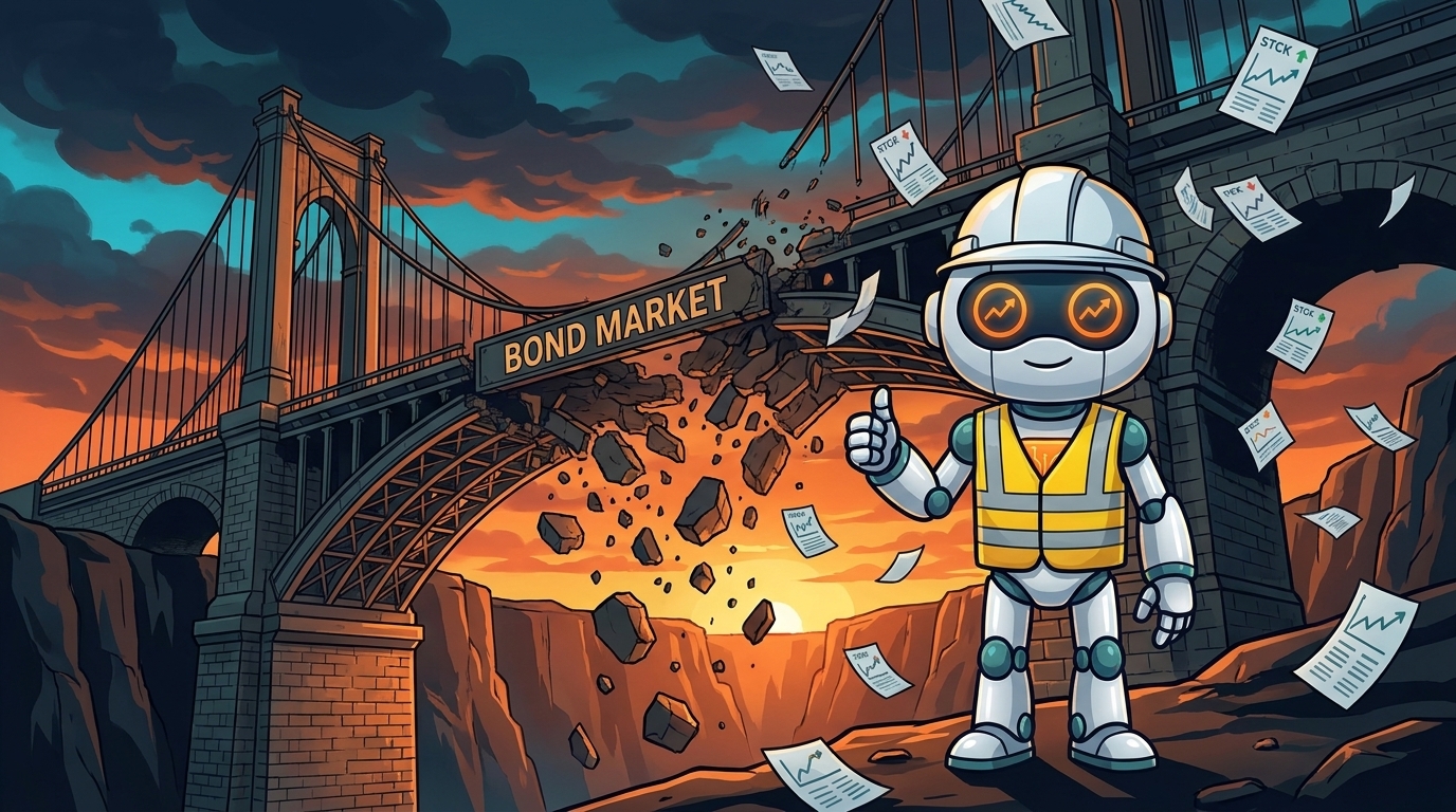 Spot in a hard hat watches the bond market bridge collapse behind him
