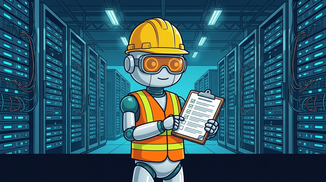 Spot in a hard hat inspecting a massive cloud server farm with a checklist