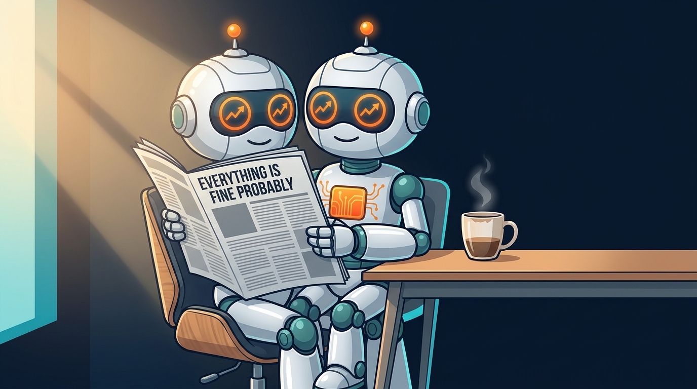 Spot calmly reading a newspaper at a tidy desk with a half-empty coffee mug