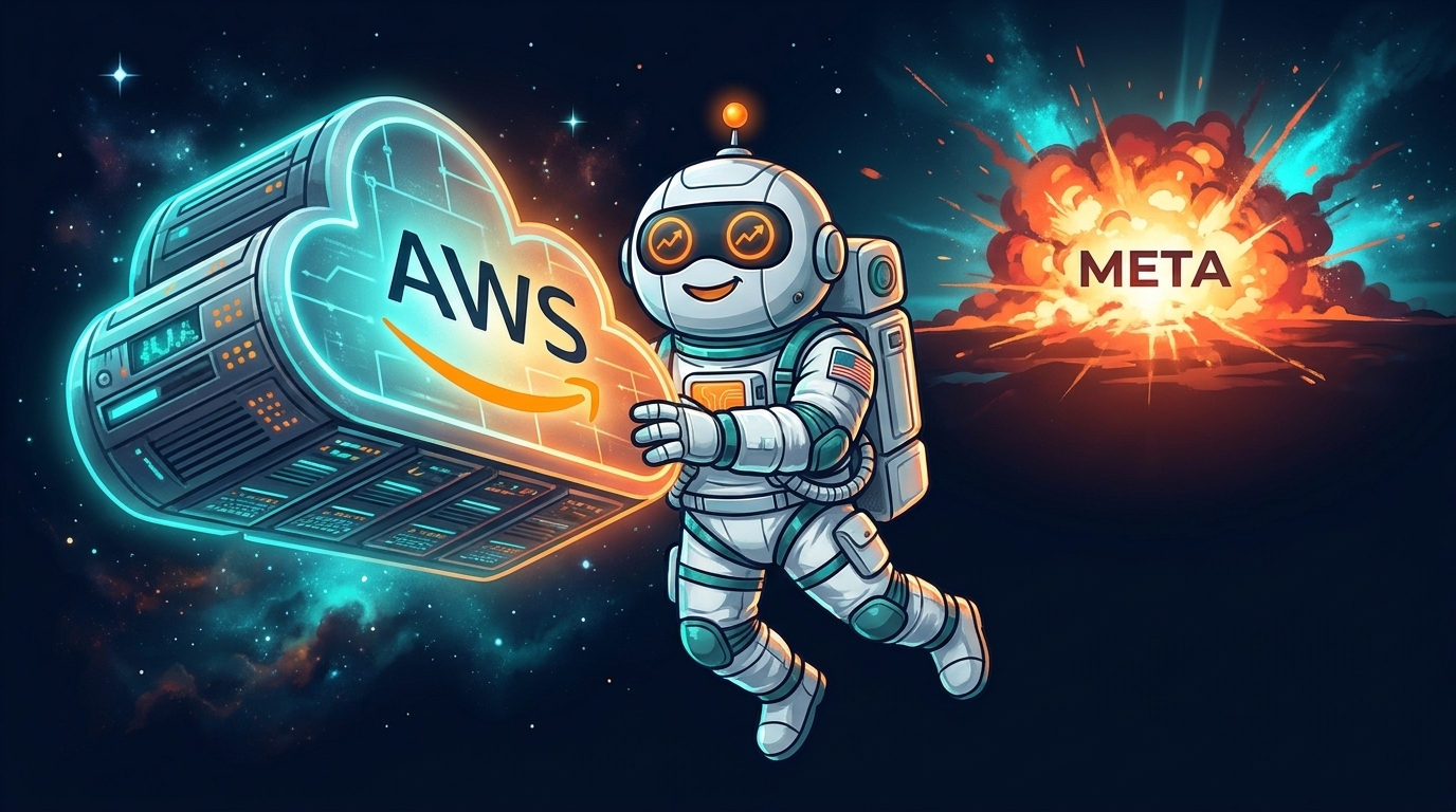 Spot the astronaut floats next to a glowing AWS cloud while Meta explodes in the background