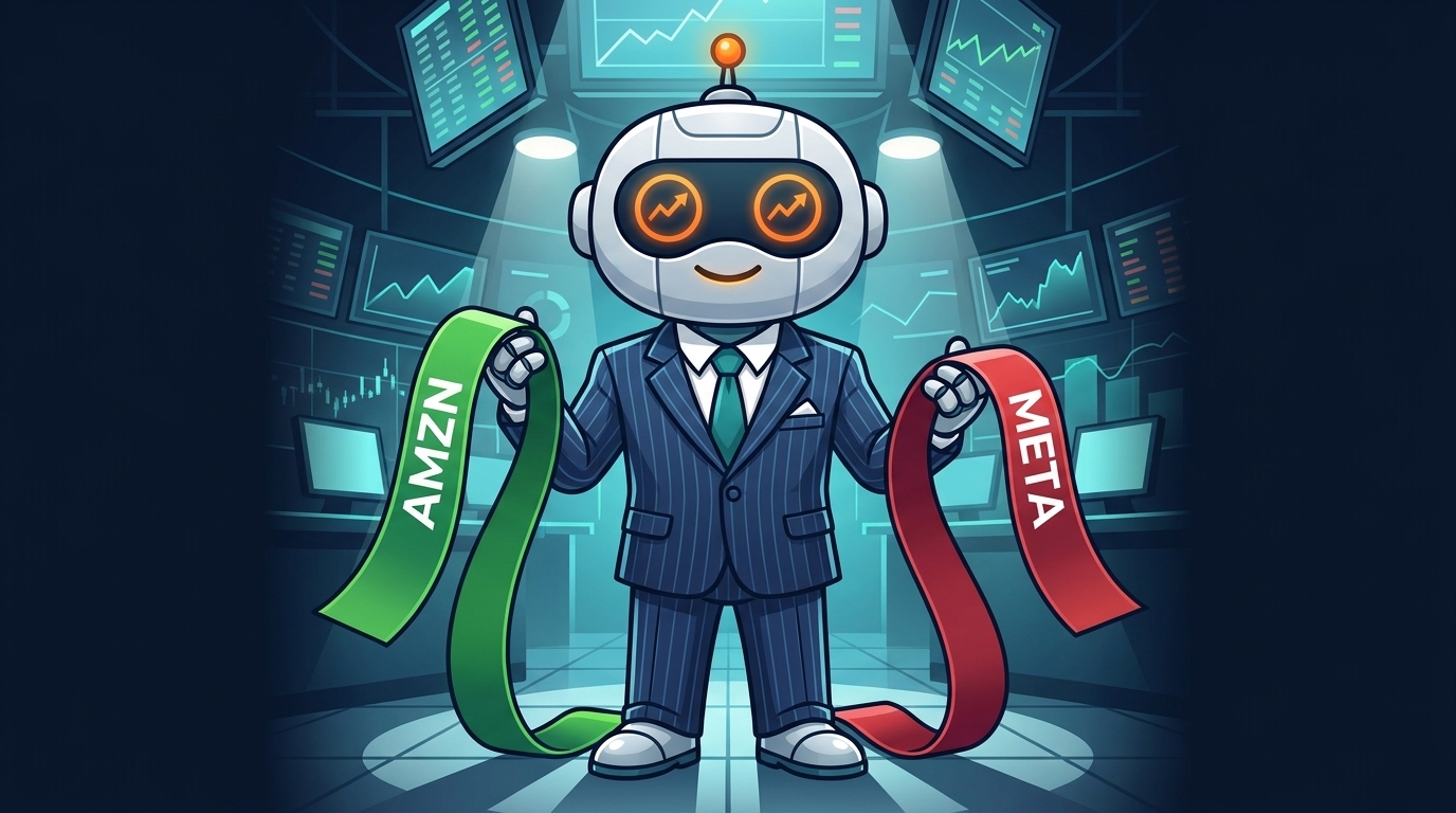 Spot on the stock exchange floor holding a green AMZN tape and a red META tape