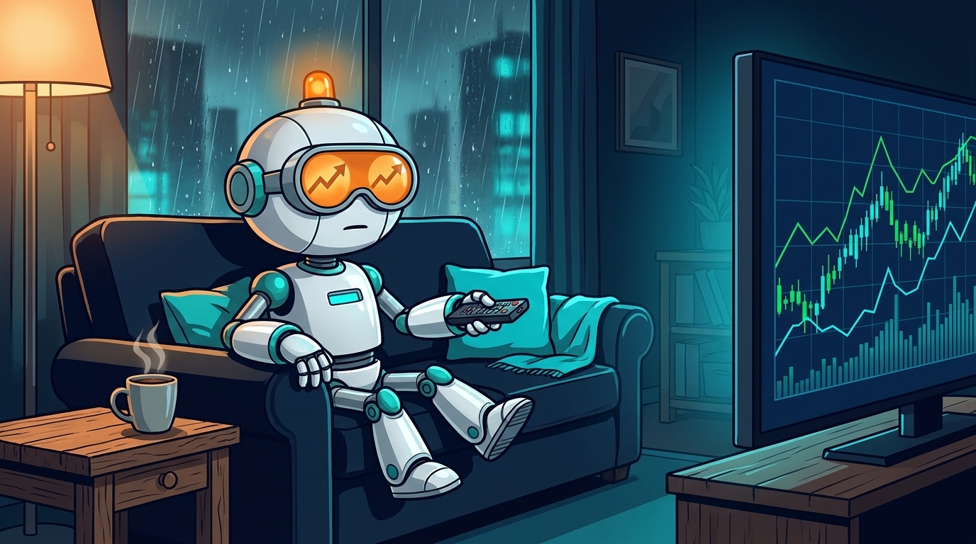 Spot lounging on a couch looking neutral and mildly bored at a stock chart on TV