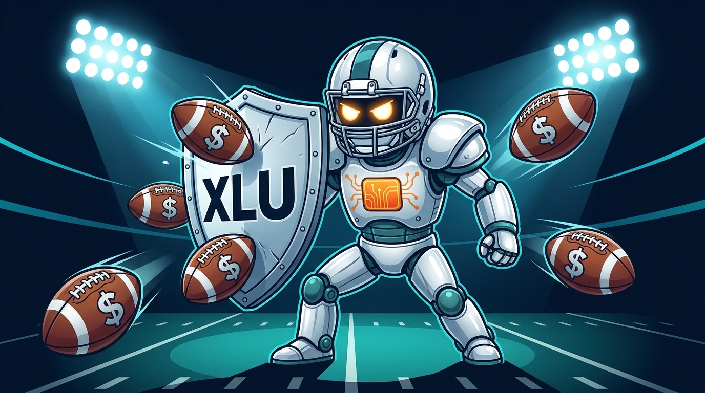 Spot dressed as a defensive player holding a shield labeled XLU during the rotation trade