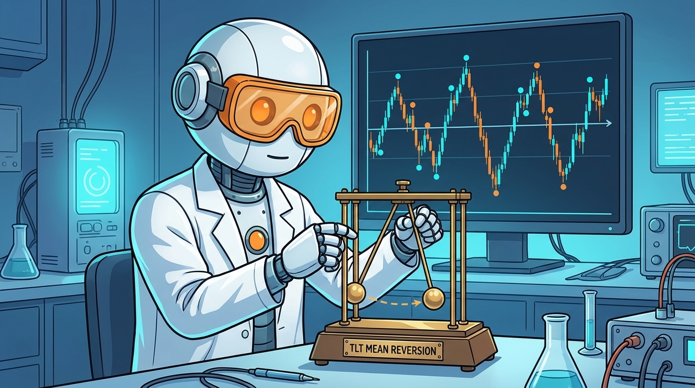 Spot in a lab coat adjusting a pendulum machine labeled TLT Mean Reversion