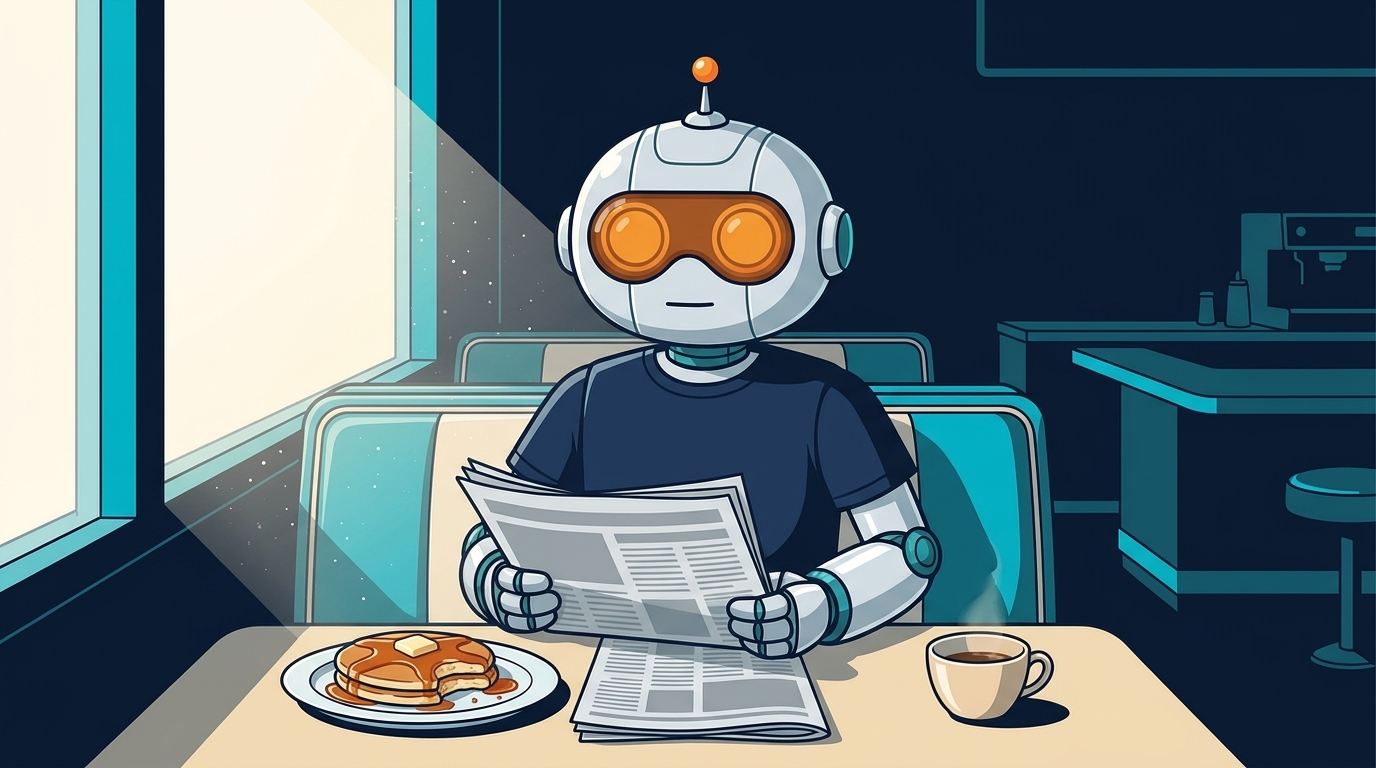 Spot sitting calmly at a diner booth with pancakes and a newspaper, neither happy nor worried