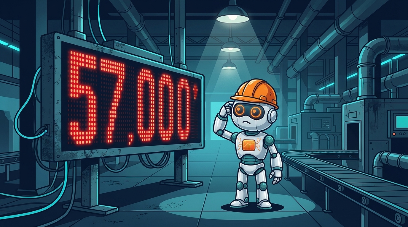 Spot staring at a jobs scoreboard reading 57,000 in red, looking baffled in a hard hat