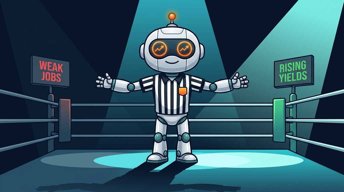 Spot as a boxing referee separating Weak Jobs and Rising Yields in opposite corners of a ring