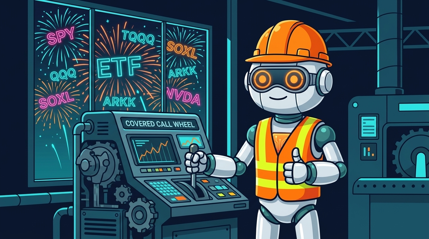 Spot calmly running a covered call wheel machine while chip ETF fireworks explode outside