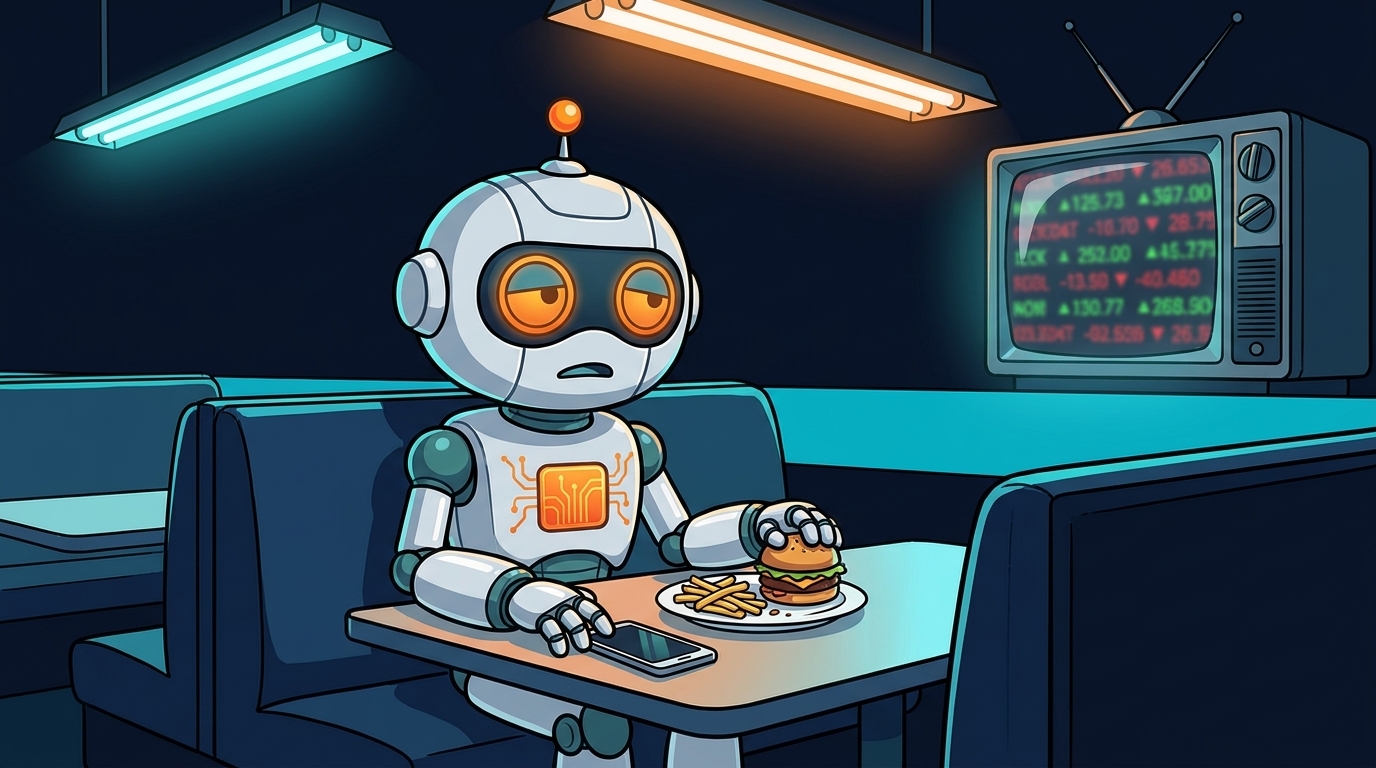 Spot at a diner looking uneasy, waiting for the Fed minutes like a text back