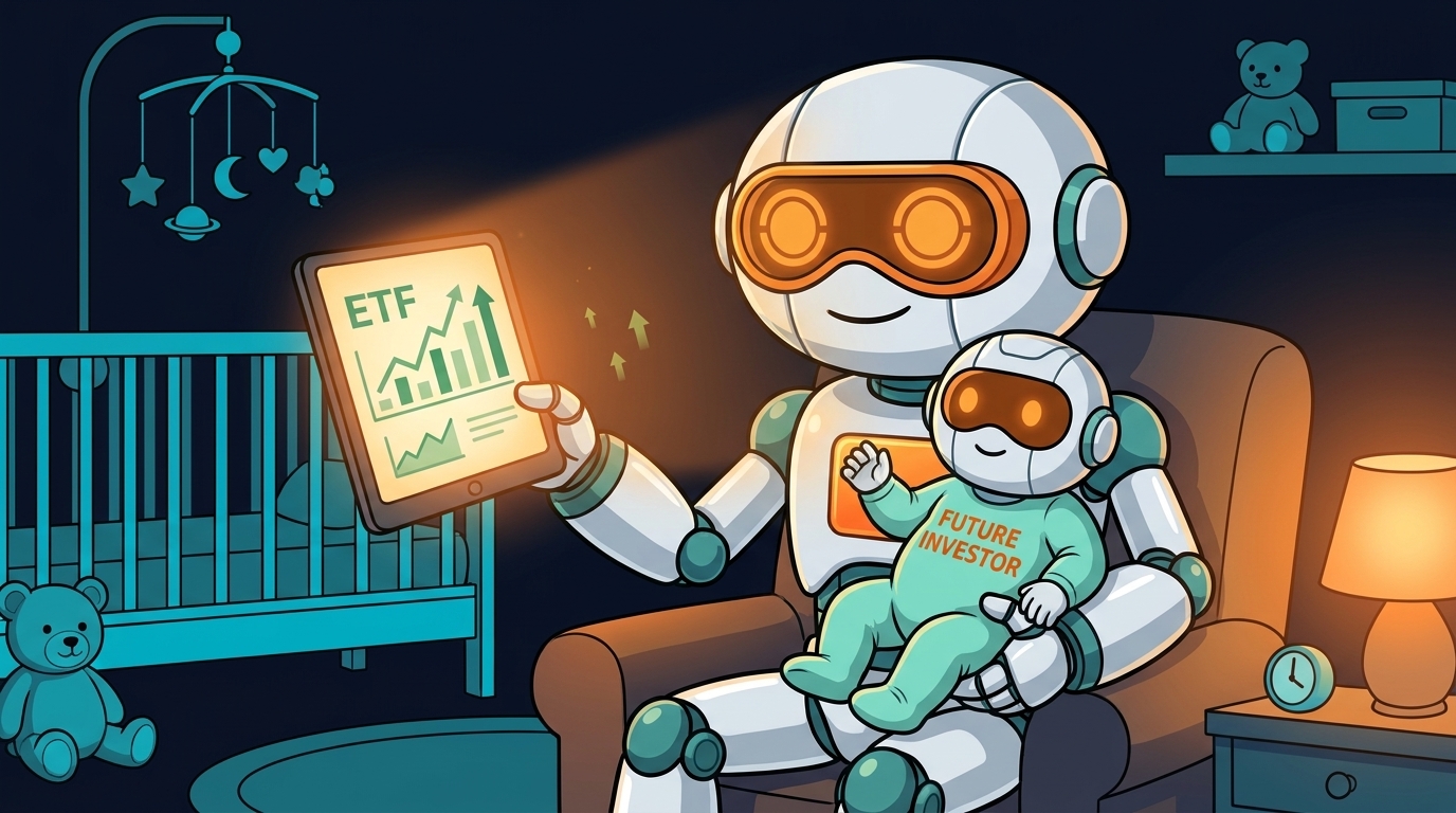 Spot holding a baby robot investor and showing it the approved ETF list