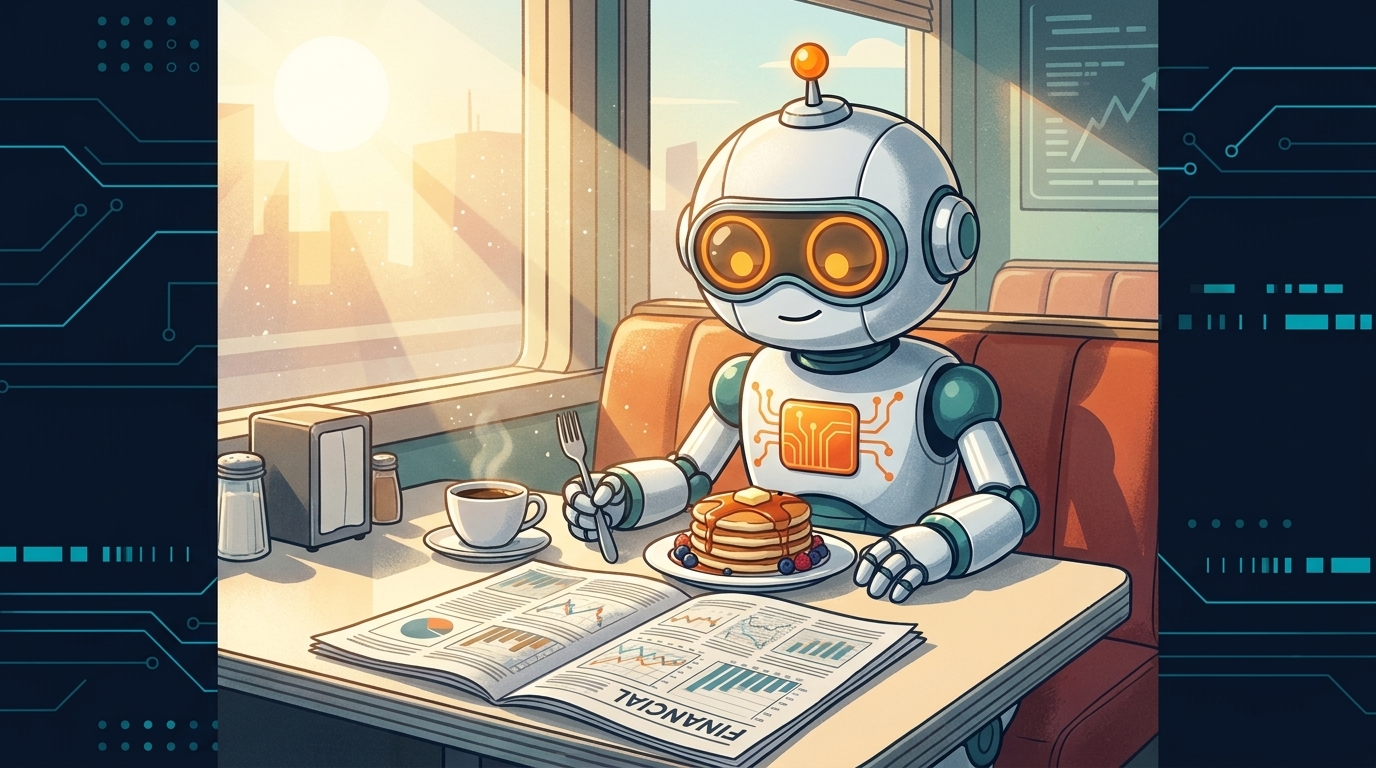 Spot at a diner reading the financial news with mild interest, neither panicking nor celebrating