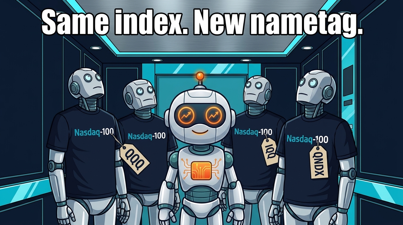 Spot crammed in an elevator with three identical Nasdaq-100 ETF robots