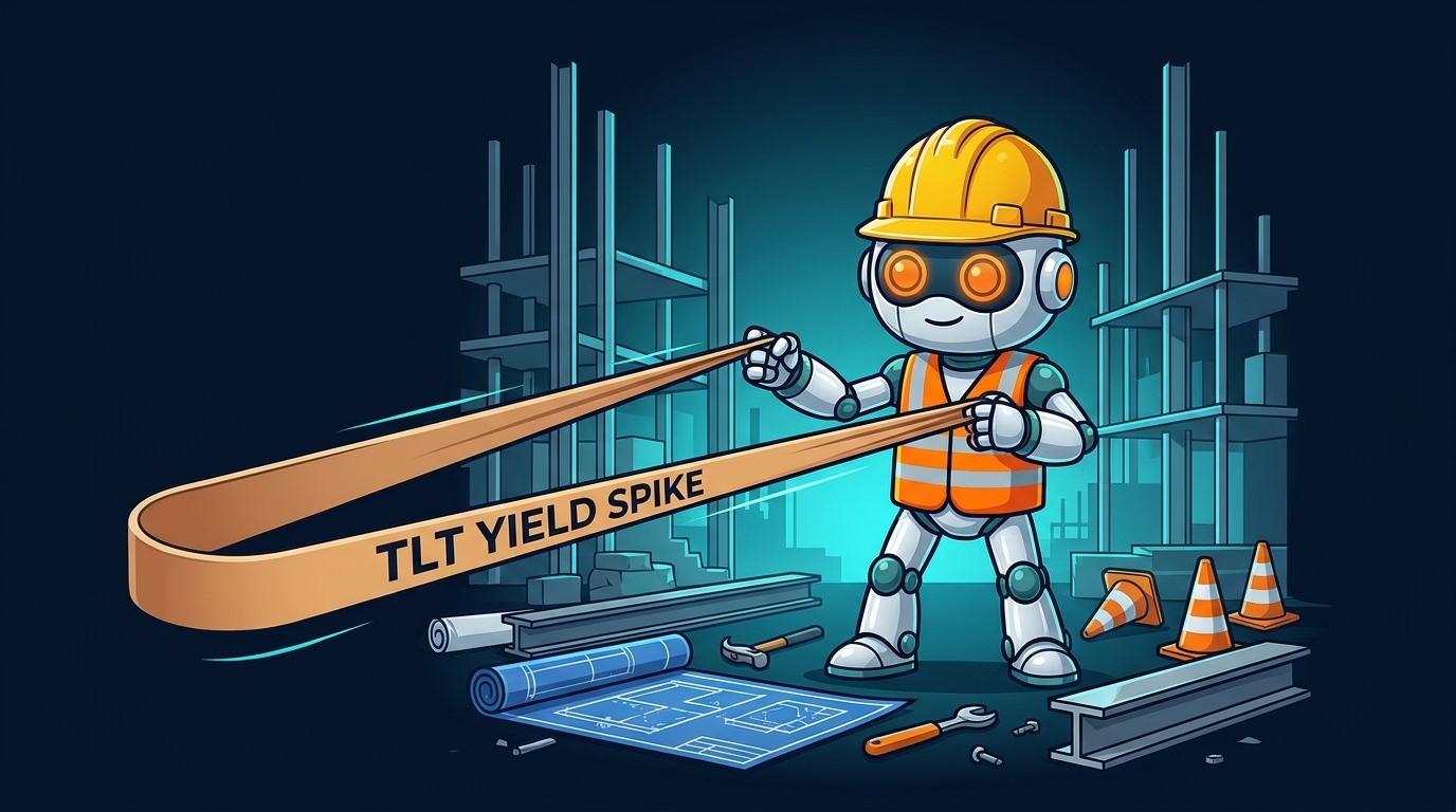 Spot in a hard hat holding a stretched rubber band labeled TLT yield spike, ready to release it