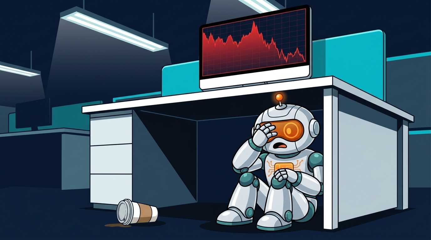 Spot hiding under a desk peeking nervously at a red stock chart