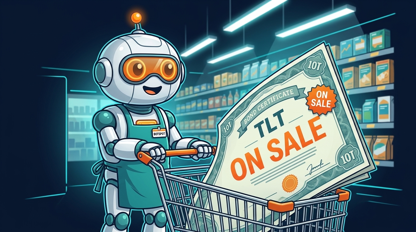 Spot in a grocery apron pushing a cart with a TLT bond on sale