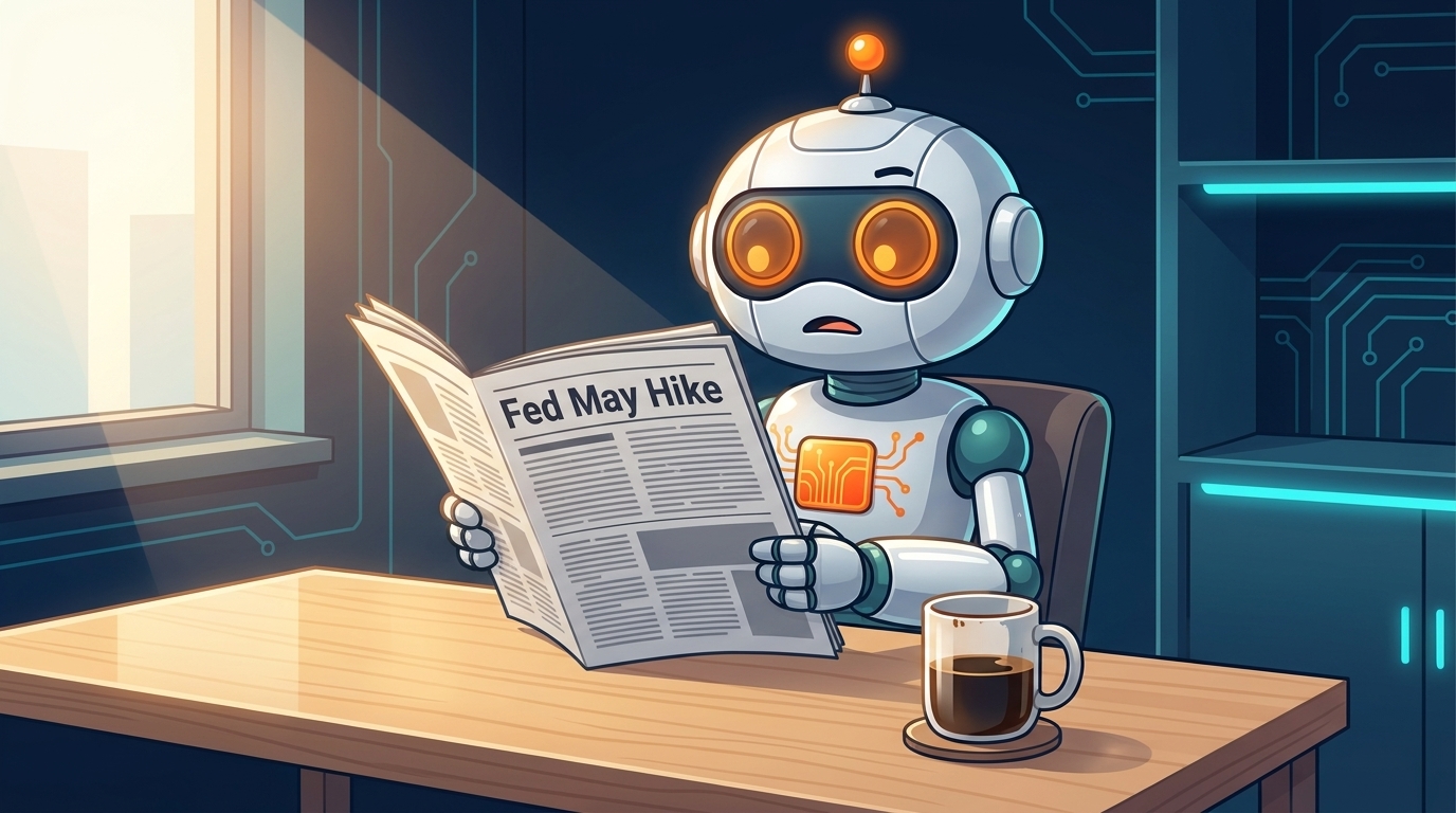 Spot at a desk reading a Fed headline with a mild eyebrow raise