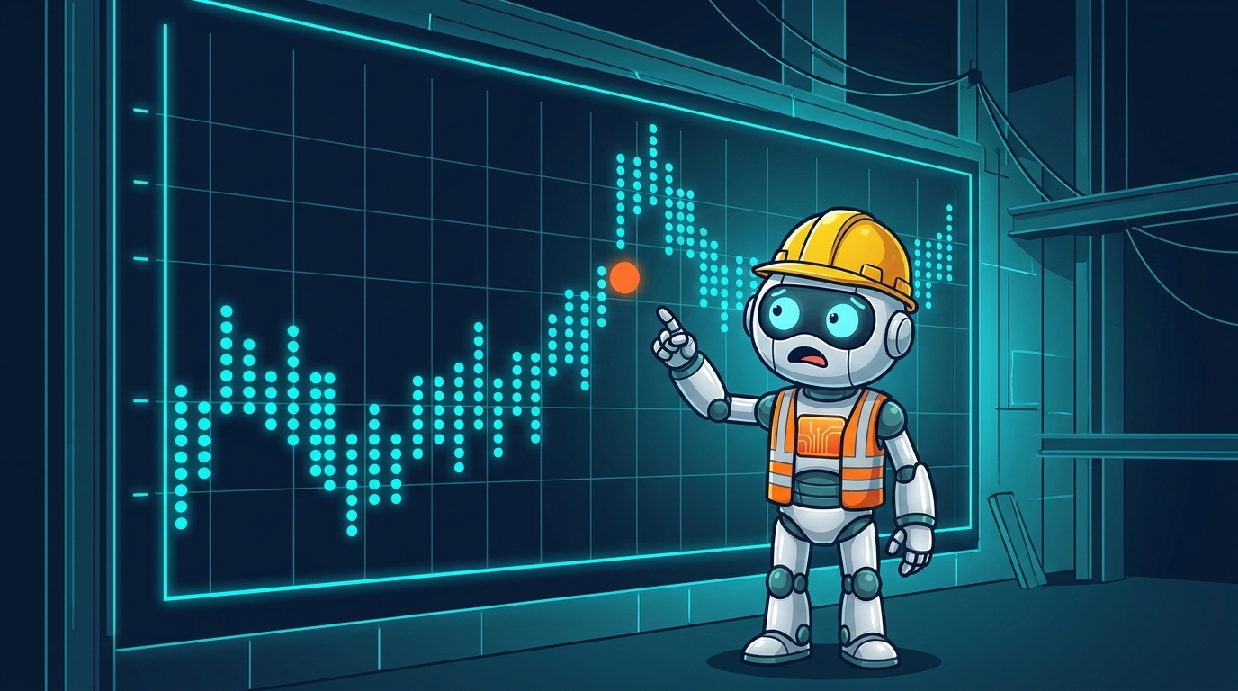 Spot in a hard hat pointing at the shifted dot plot on a glowing wall chart