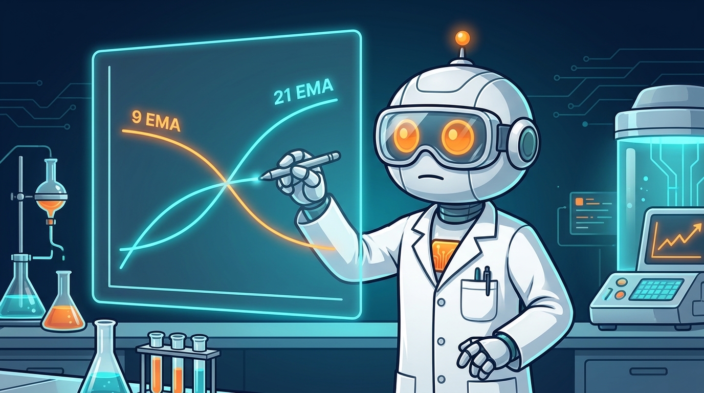 Spot the scientist drawing two moving average lines on a glowing chart board