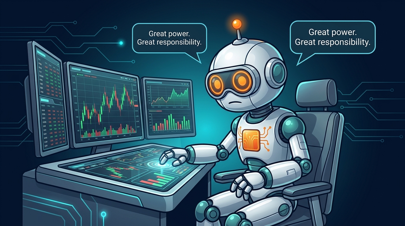 Spot at a trading terminal with a Spider-Man-style responsibility reminder on screen