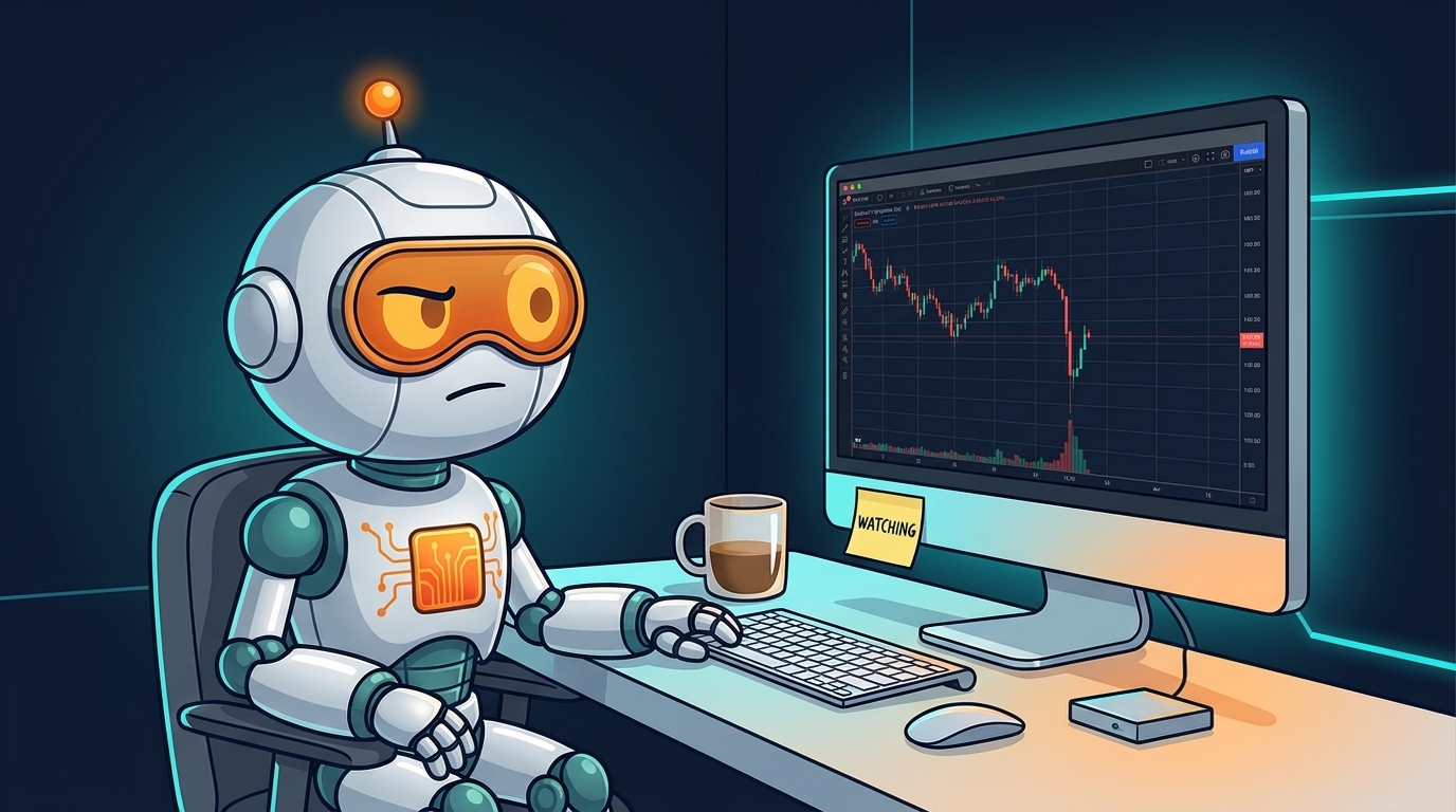 Spot sitting at his desk with one eyebrow raised, watching a slightly red chart