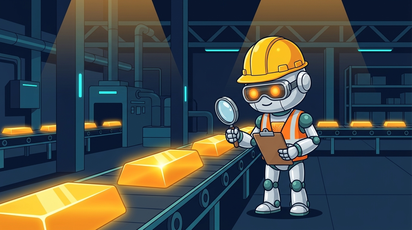 Spot in a hard hat inspecting a gold bar on a conveyor belt with a magnifying glass