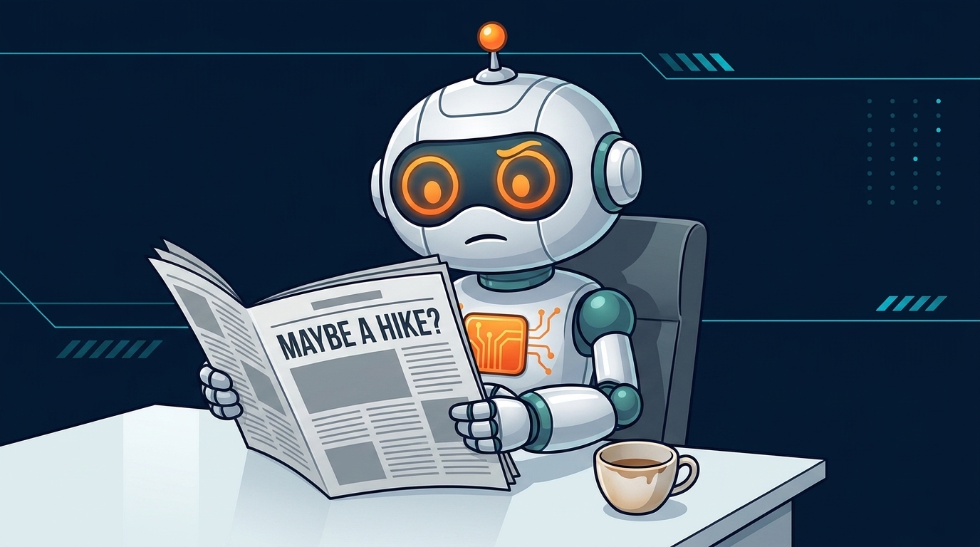 Spot at a desk reading a newspaper with a mild look of concern, coffee half empty