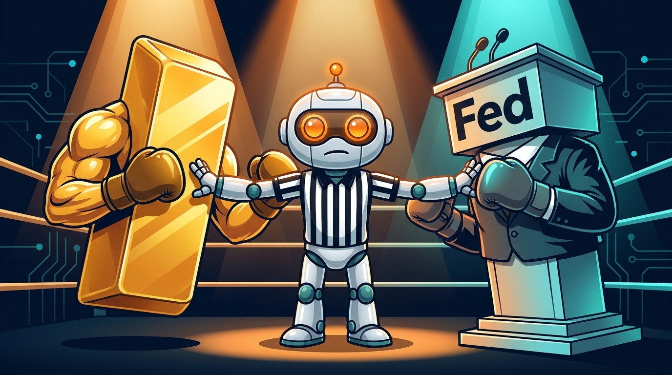 Spot as a boxing referee between a gold bar and the Fed podium