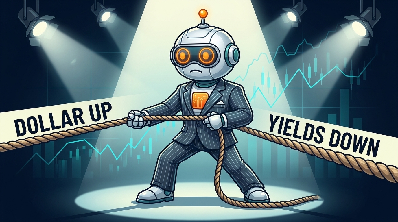 Spot in a pinstriped suit holding two tug-of-war ropes labeled dollar up and yields down