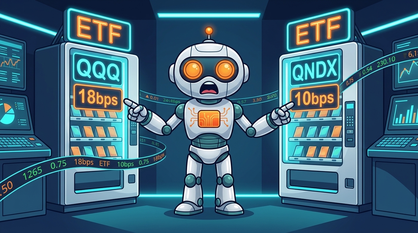 Spot comparing QQQ and QNDX price tags on competing ETF vending machines