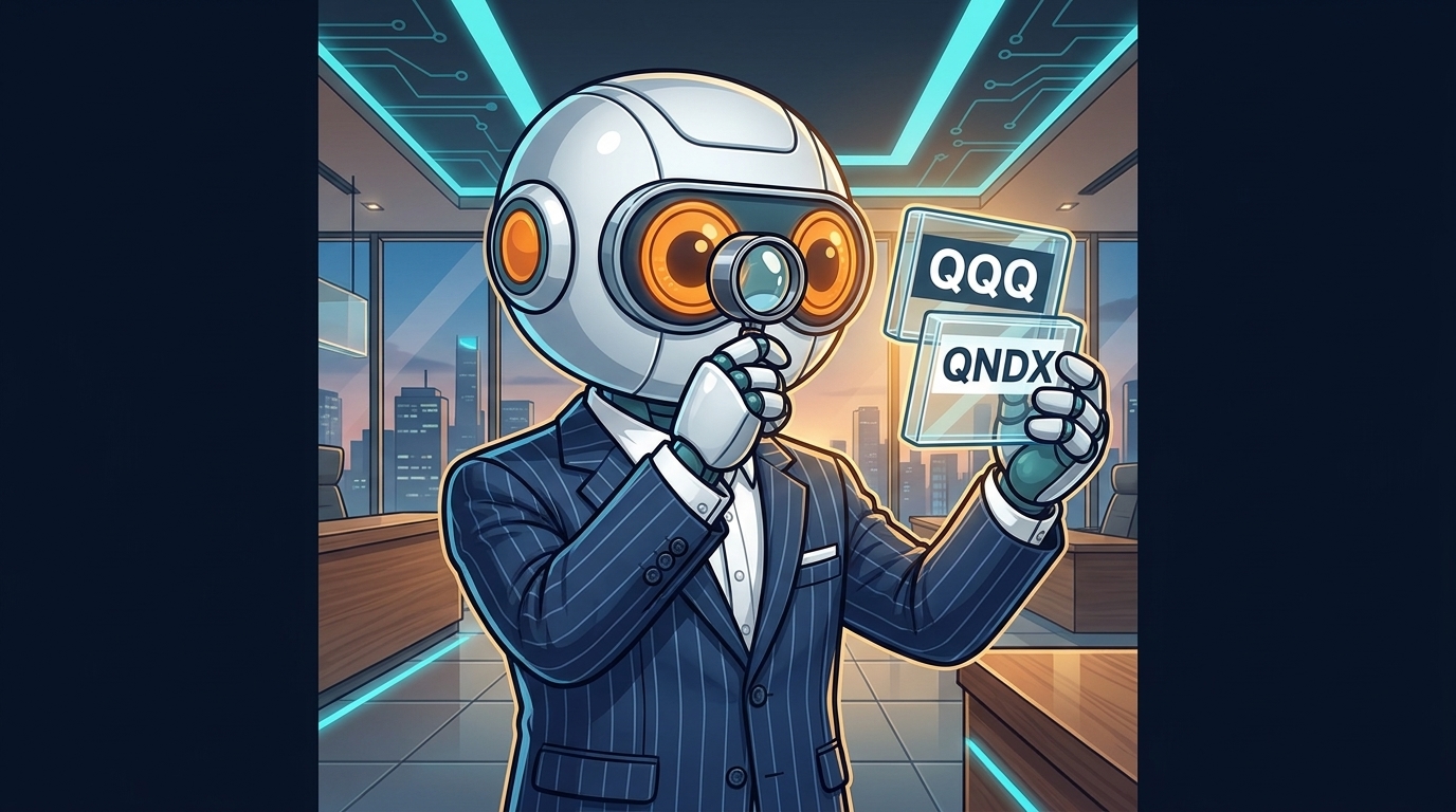 Spot in a pinstriped suit comparing two ETF boxes like a jeweler