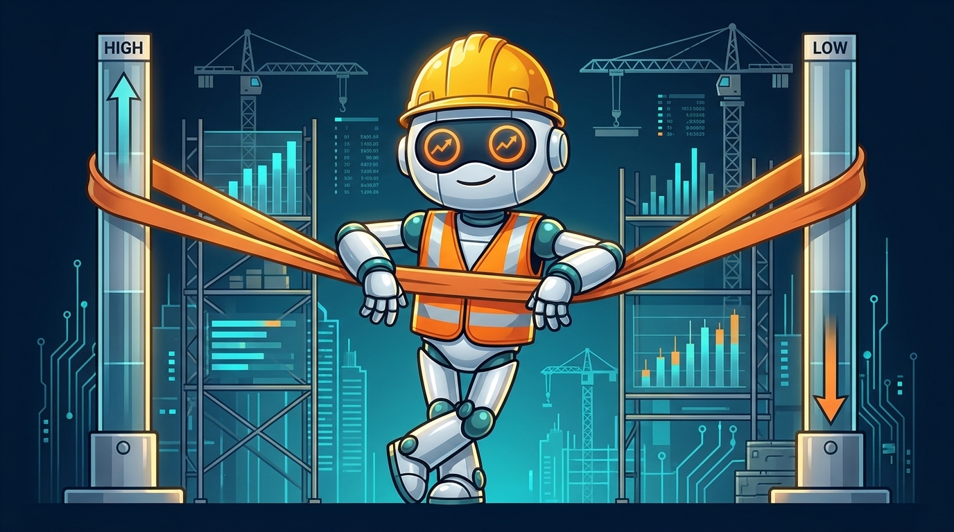Spot in a hard hat leaning on a giant rubber band between two price extremes